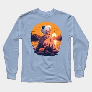 Old Woman in a River with a Sunset Long Sleeve T-Shirt